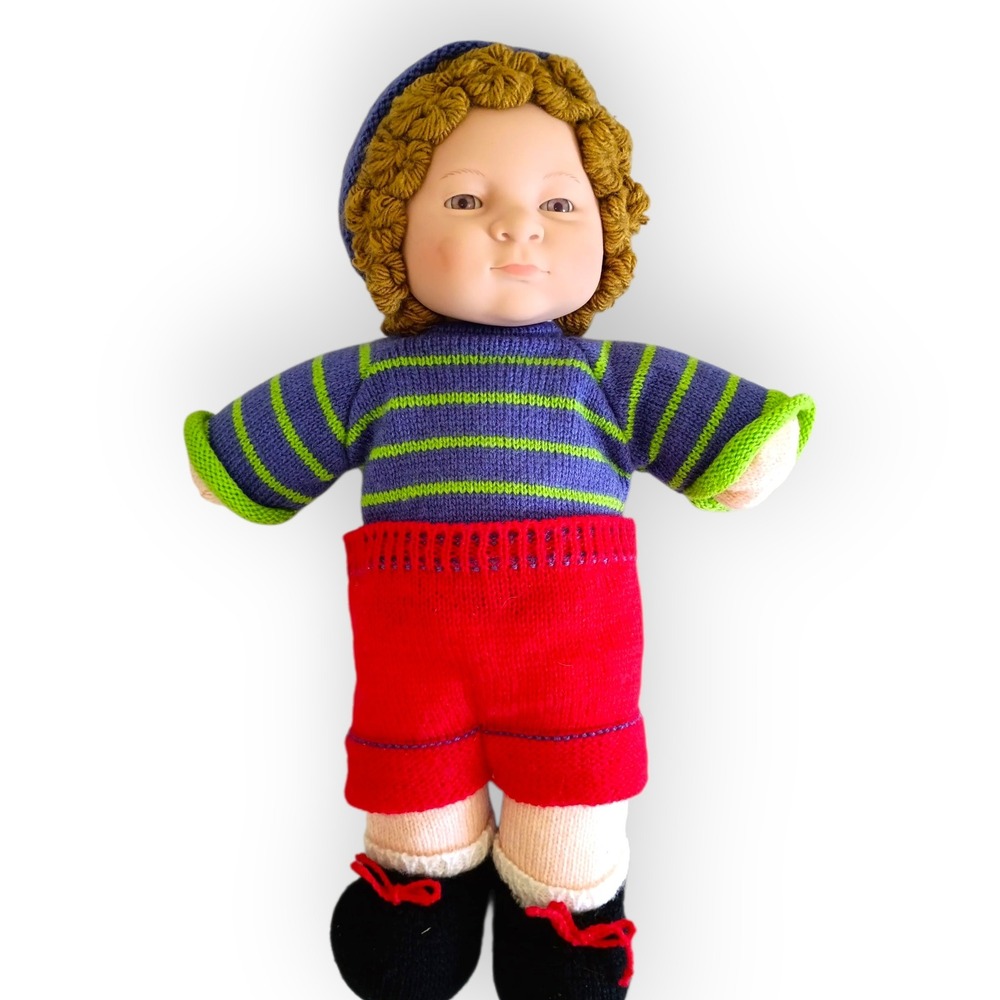 Anne Geddes Child Doll Knit Outfit Striped Sweater Red Shorts Blue Yellow Hat